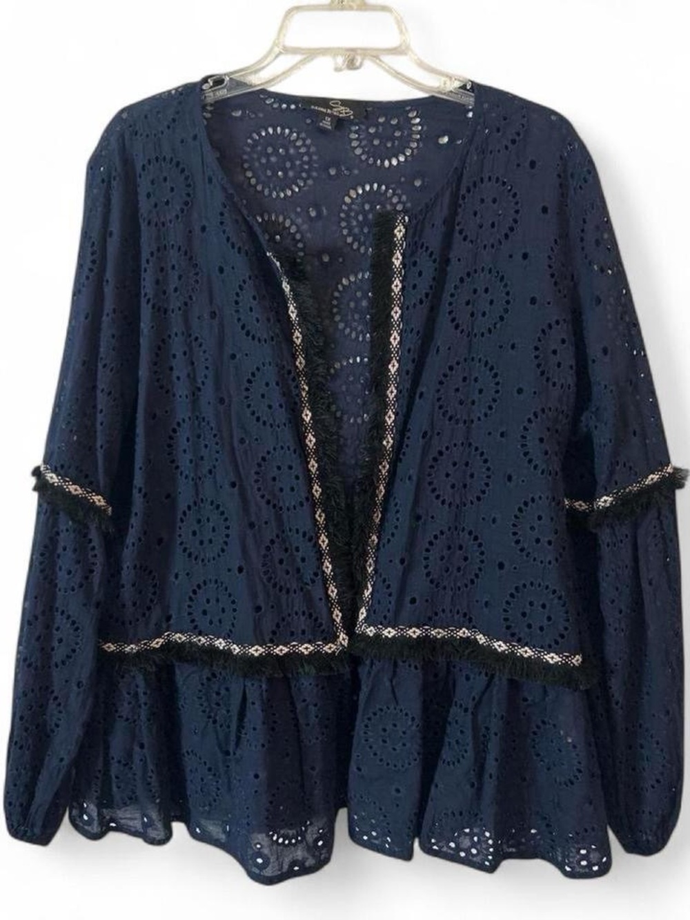 Suzanne Betro Navy Eyelet Peplum Cardigan with Braided Trim